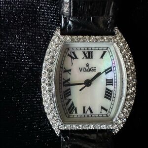 Vera Pelle Black and Silver Swarovski Crystal Women's Watch
